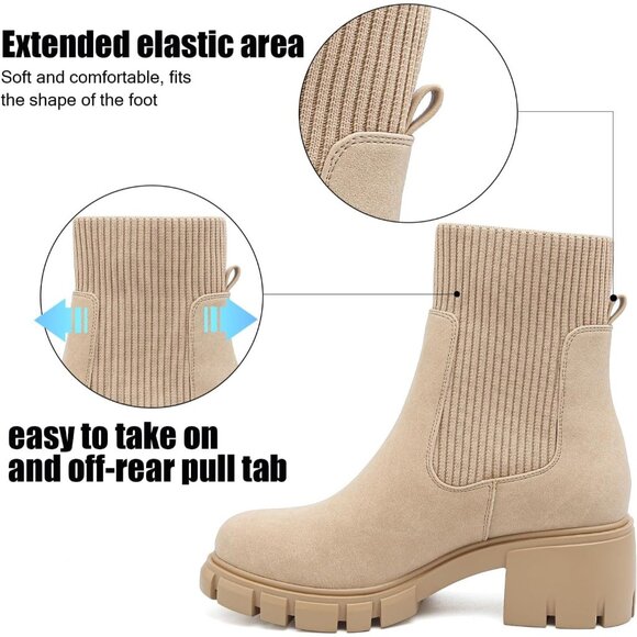 Women's Chelsea Platform Apricot Ankle Boots Stylish Comfortable Slip On Shoes - Picture 4 of 7